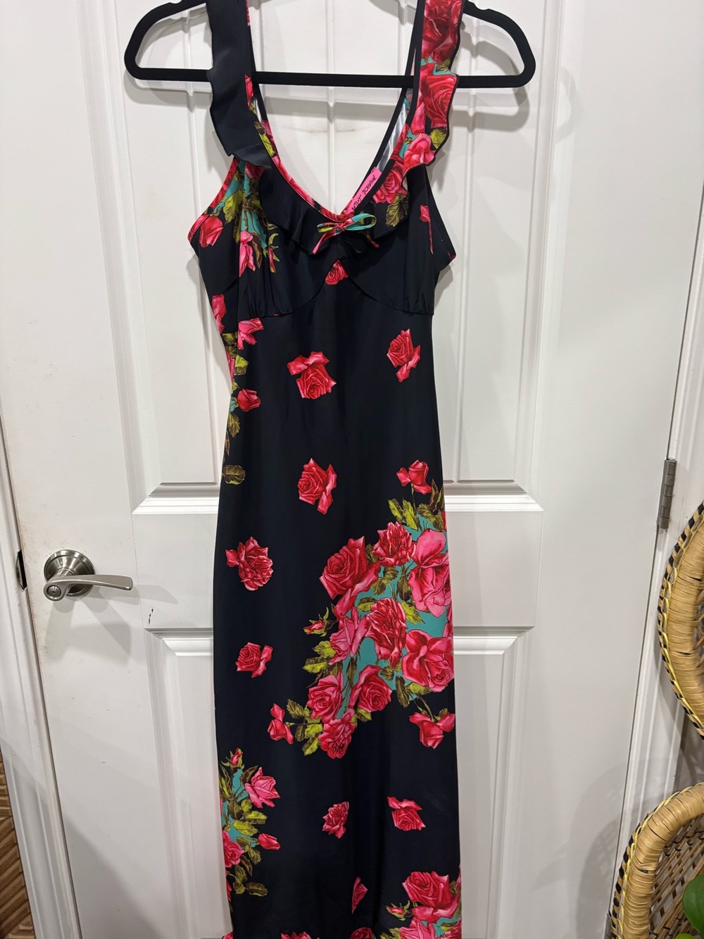 Betsey Johnson Black Maxi Dress with Pink Rose Print